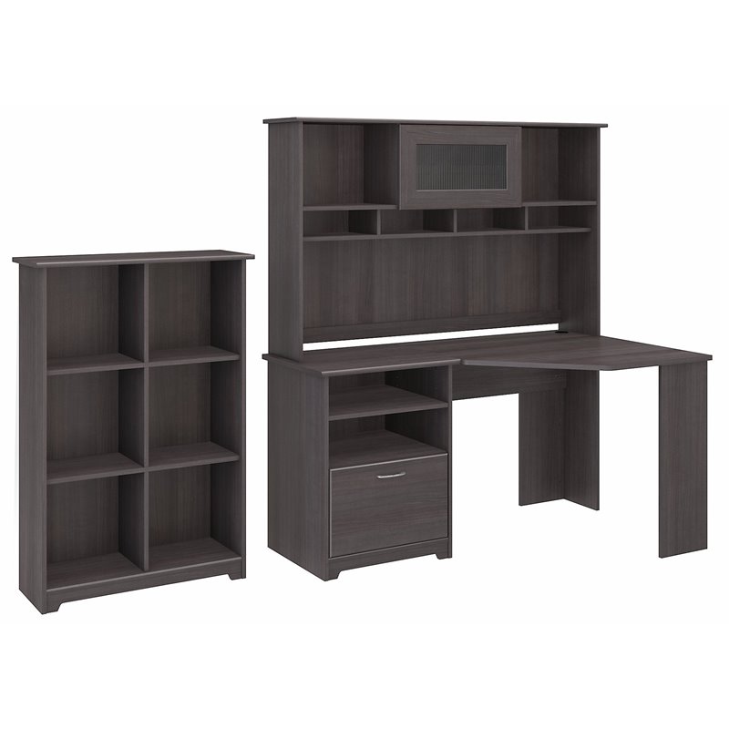 Cabot Corner Desk with Hutch and Cube Bookcase in Heather Gray