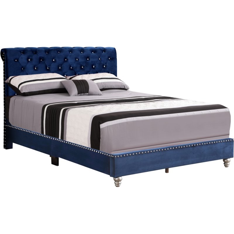 Glory Furniture Maxx Velvet Upholstered Queen Bed in Navy Blue