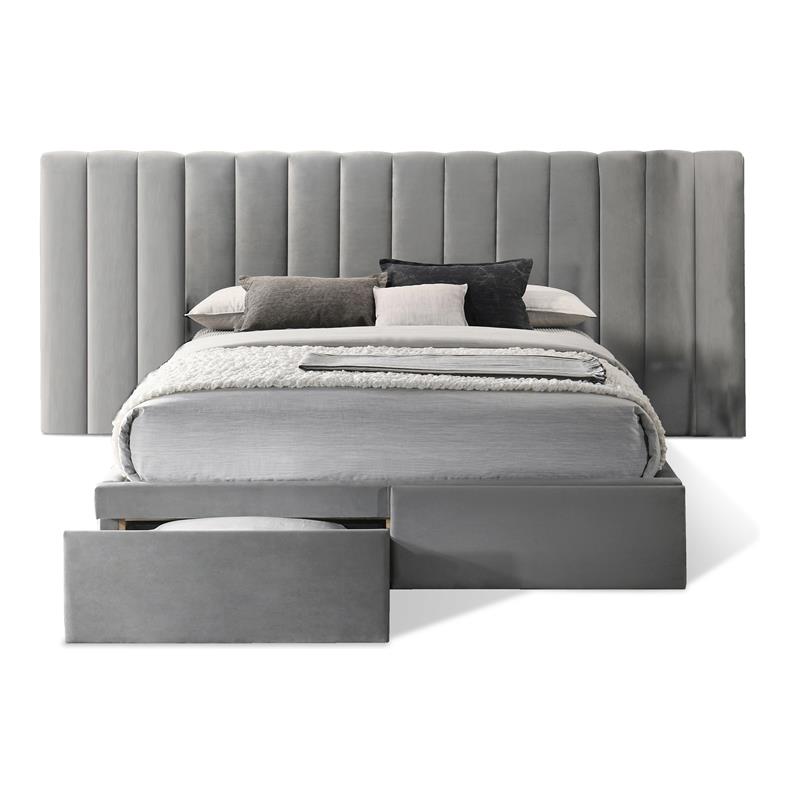 UptownModern Solid Wood/Velvet Queen Headboard with Footboard in Gray