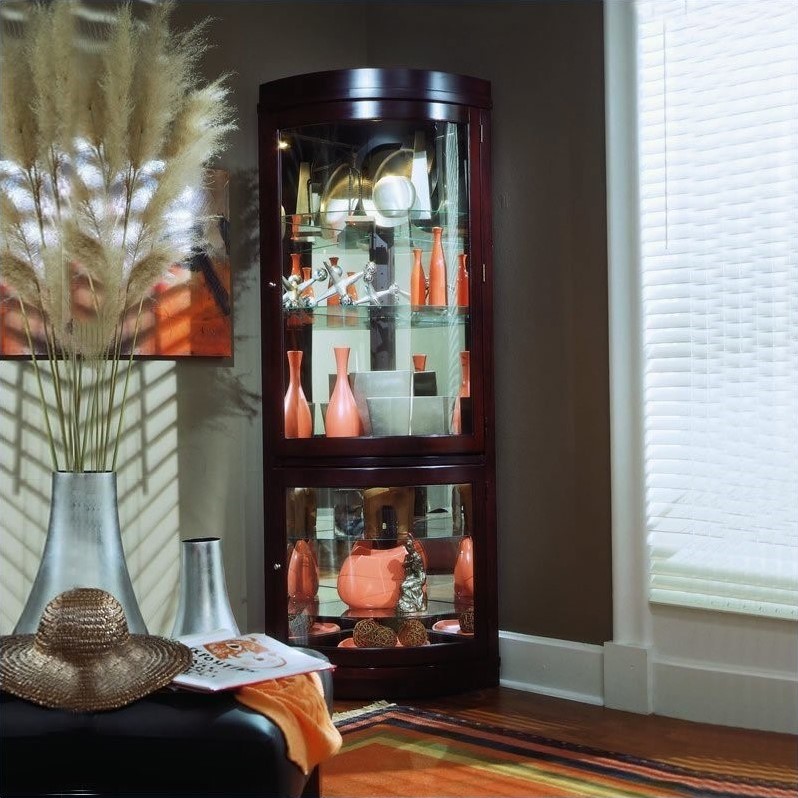 WoodFramed Curved Corner Curio in Cherry Brown by Pulaski