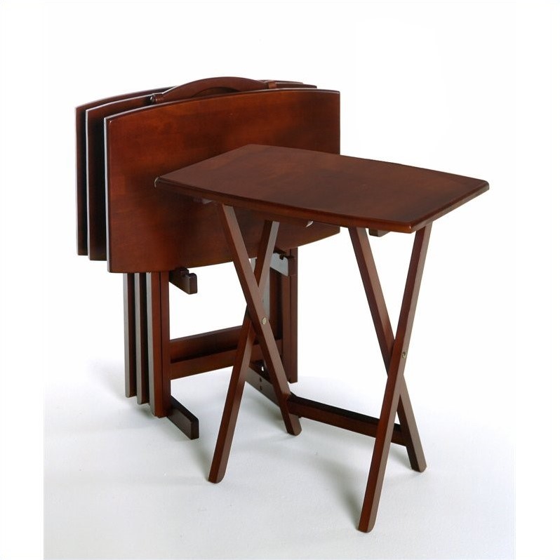 Curved Rectangular 5 Piece TV Tray Set in Antique Walnut 94517