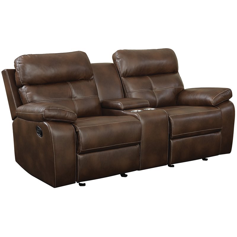 Coaster Damiano Faux Leather Motion Glider Reclining Loveseat in Brown