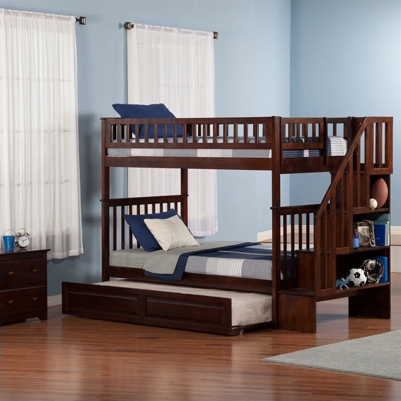 Woodland Staircase Bunk Bed with Twin Raised Panel Trundle Bed in