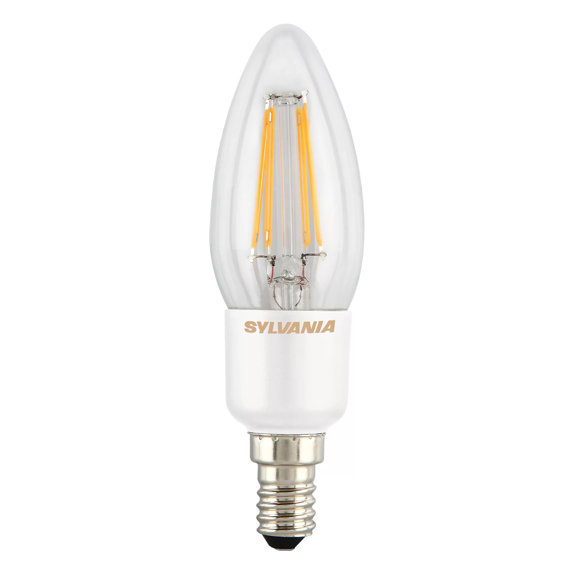 Sylvania E14 4W 450lm Candle LED Dimmable Filament Light bulb DIY at B&Q