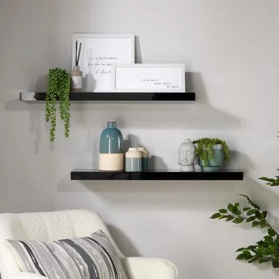 Home Source Cloud Pair of 80cm Gloss Floating Wall Shelves Black DIY