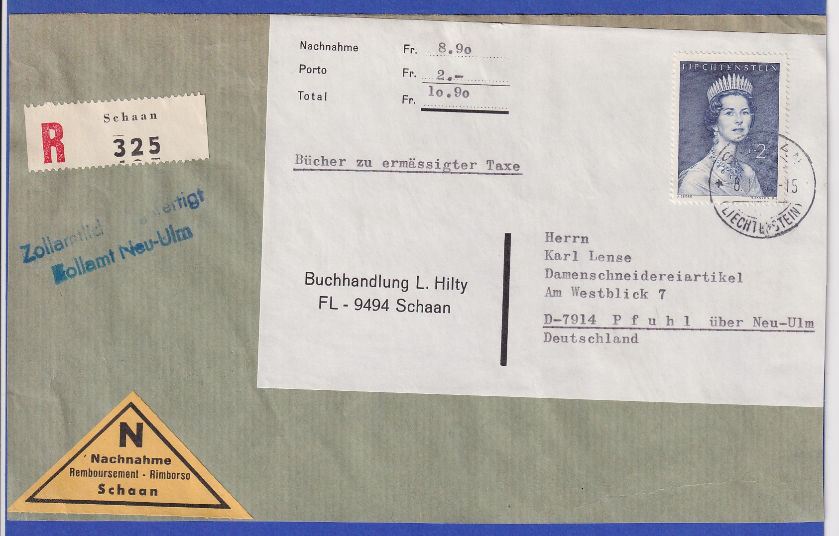 Liechtenstein 1960 Fürstin Gina 2Fr. Mi.Nr. 402 auf RNNBüchersendung nach D · Tilman Dohren