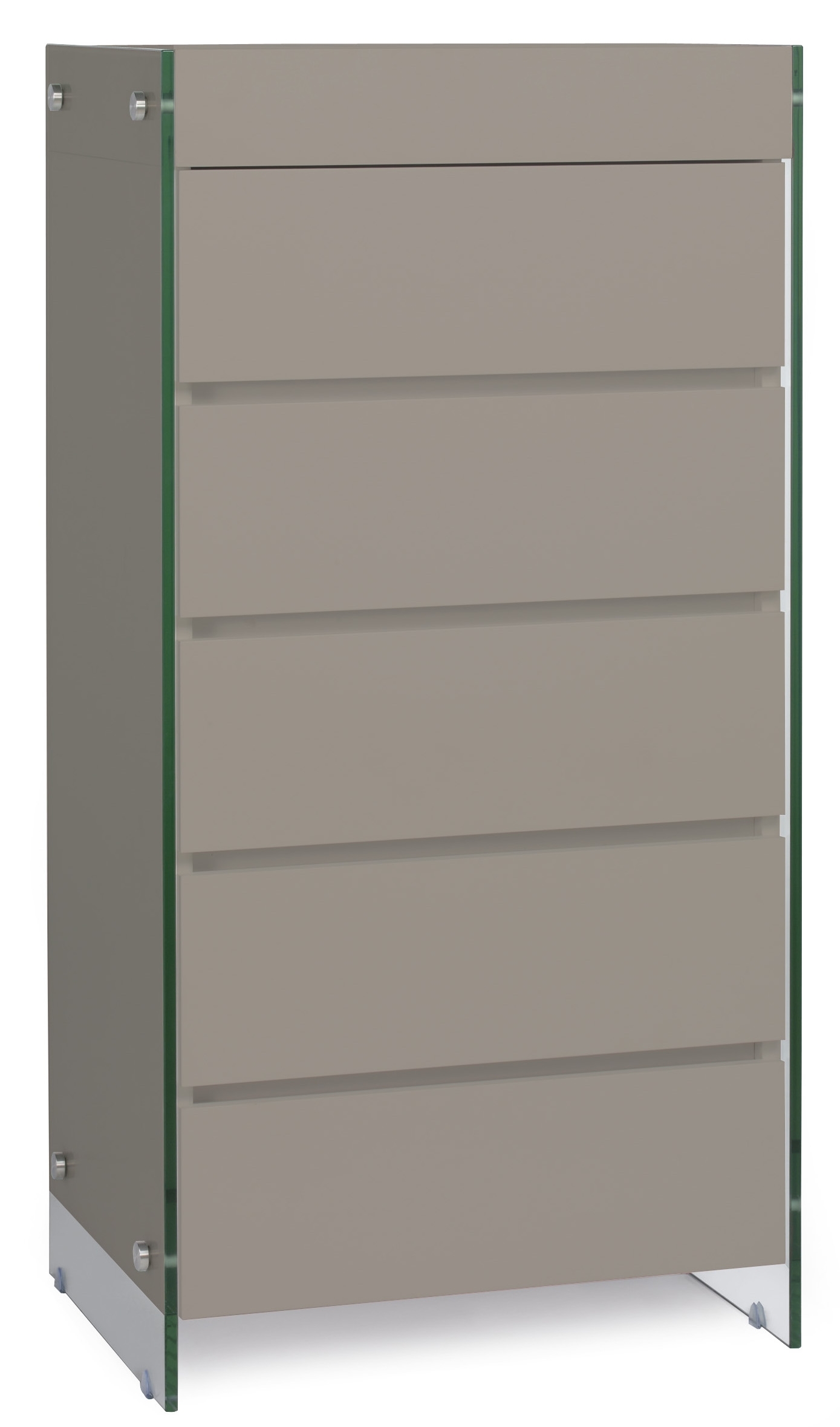 Meuble de rangement 5 tiroirs bois laqué taupe et pieds verre trempé