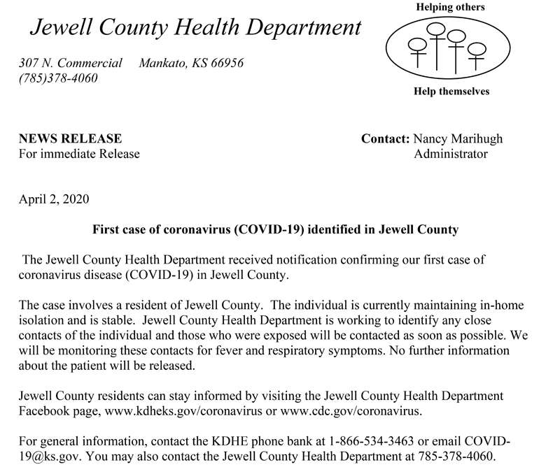 Jewell County reports first confirmed case of COVID19
