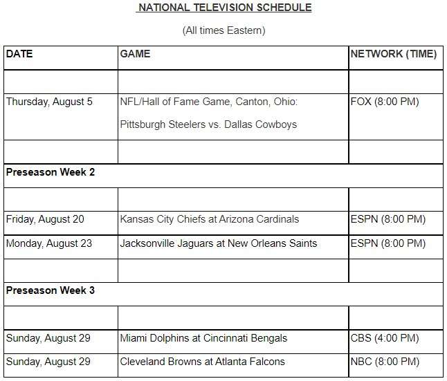 NFL announces preseason schedule
