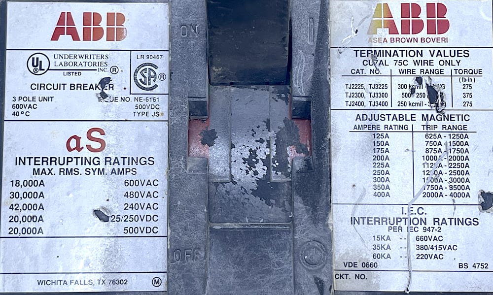 ABB Type JS 3 Pole 400 Amp 600 Vac Circuit Breaker w/400 Amp Trip