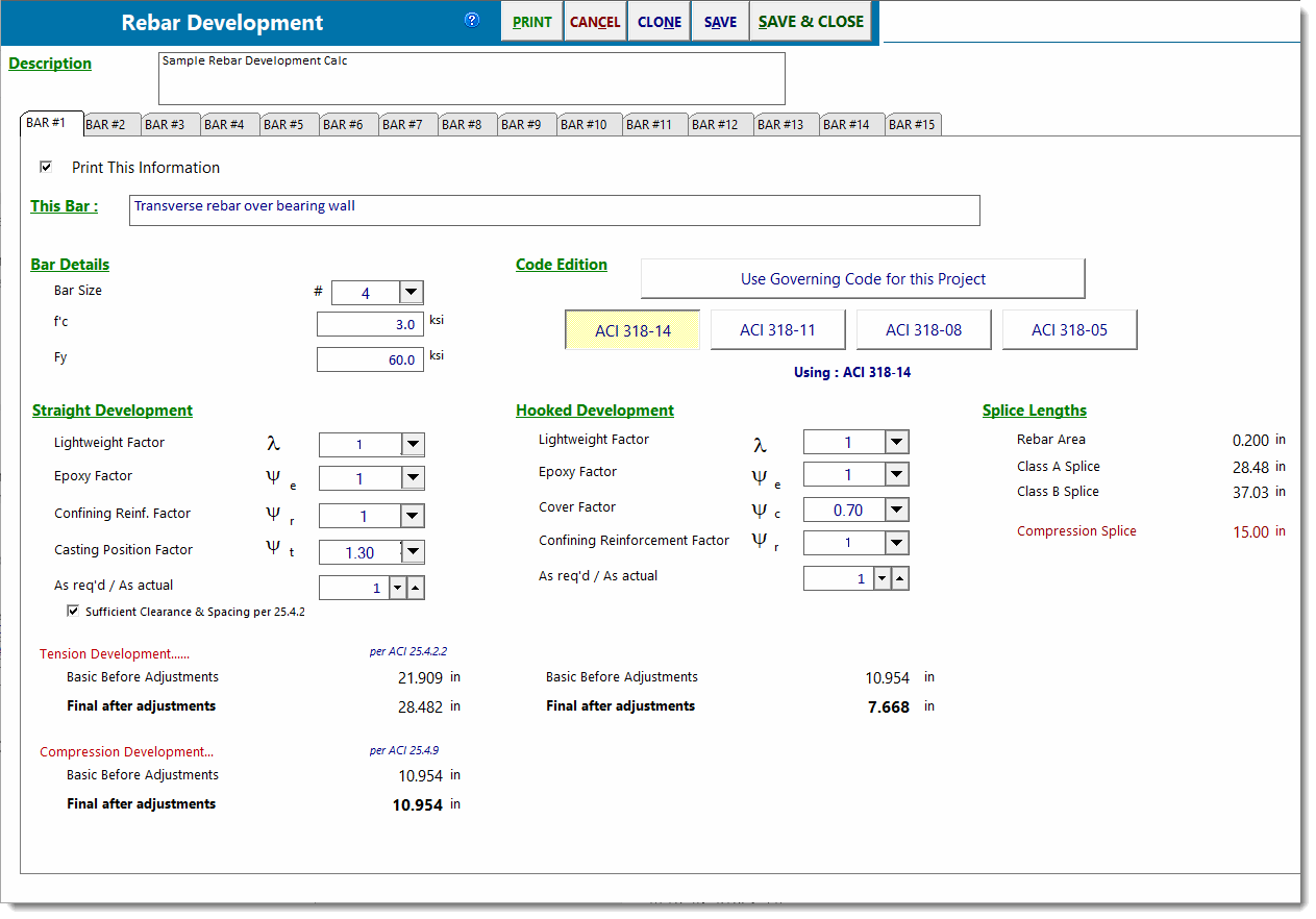 Calculation Modules > Miscellaneous > Rebar Development Table