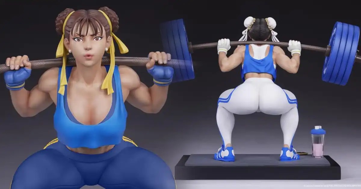 This high quality Street Fighter statue depicts Chun-Li powerlifting