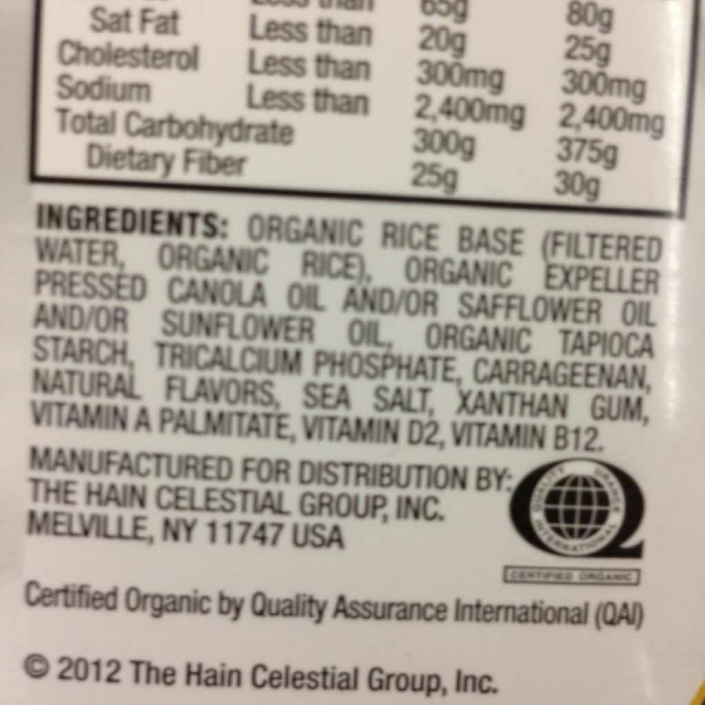 Rice Dream Organic Original Enriched Rice Drink Calories, Nutrition