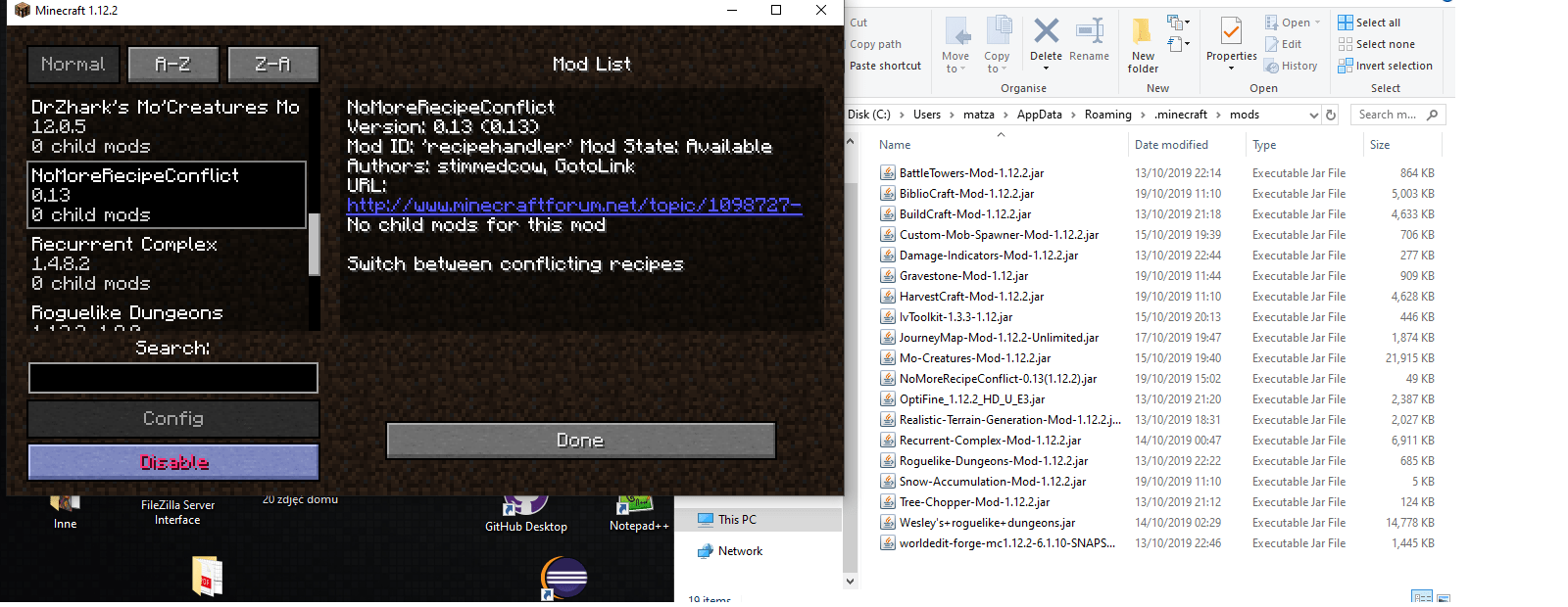 No More Recipe Conflict mod 1.12.2 in list of is disabled Non