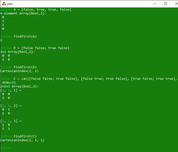Get index of first true value of array in Julia Array findfirst
