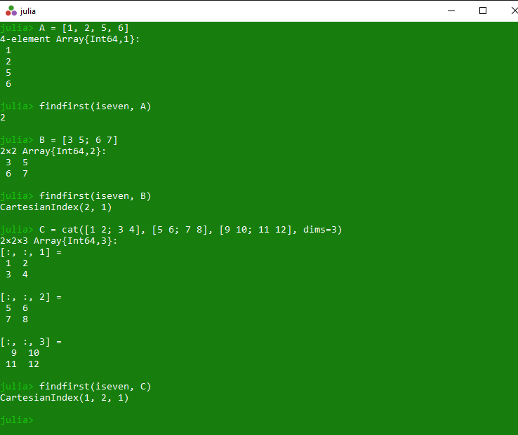 Get index of first true value of array in Julia Array findfirst