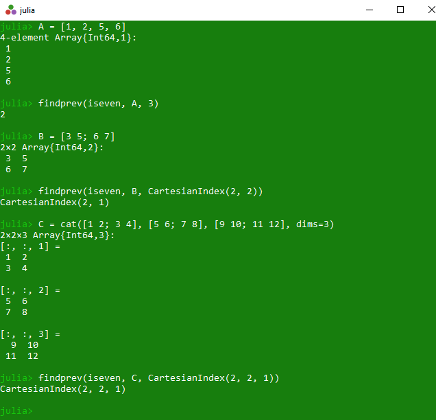 Get previous true value from a given array index in Julia Array findprev() Method