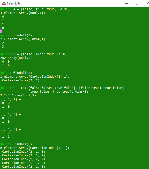 Get all array elements with true values in Julia Array findall