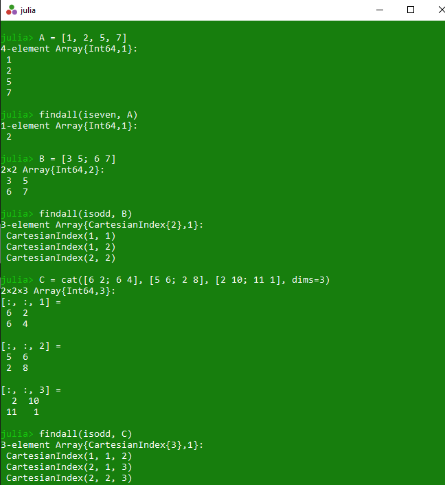 Get all array elements with true values in Julia Array findall