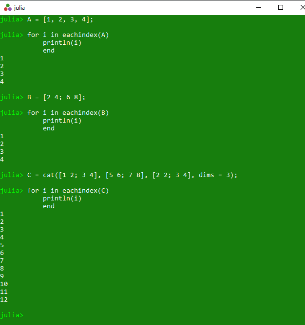 Iterating over each index of array in Julia eachindex() Method