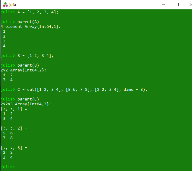 Getting parent array of a specified array in Julia parent() Method