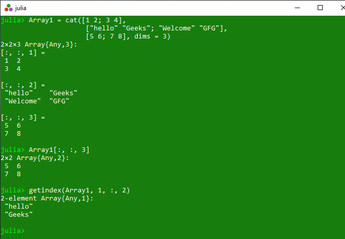 Accessing every row and column of array in Julia colon() Operator