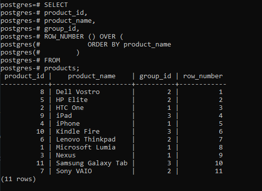PostgreSQL ROW_NUMBER Function