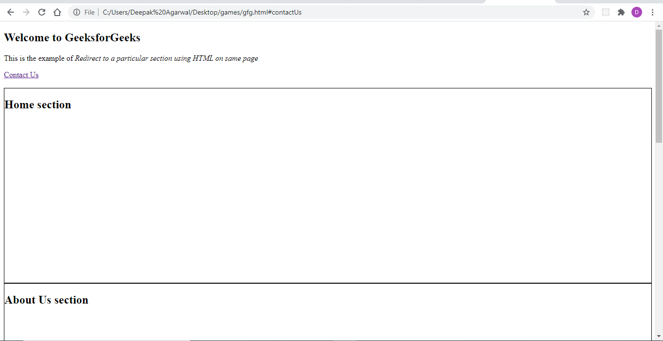 How to redirect to a particular section of a page using HTML or jQuery