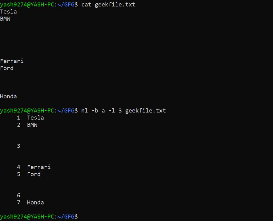 nl command in Linux with Examples
