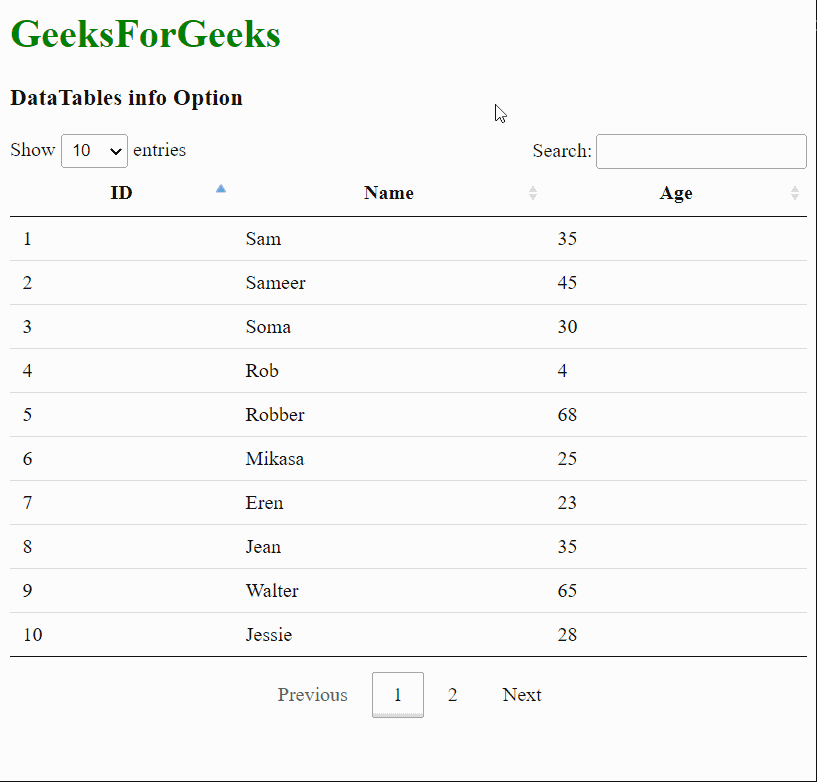 DataTables info Option