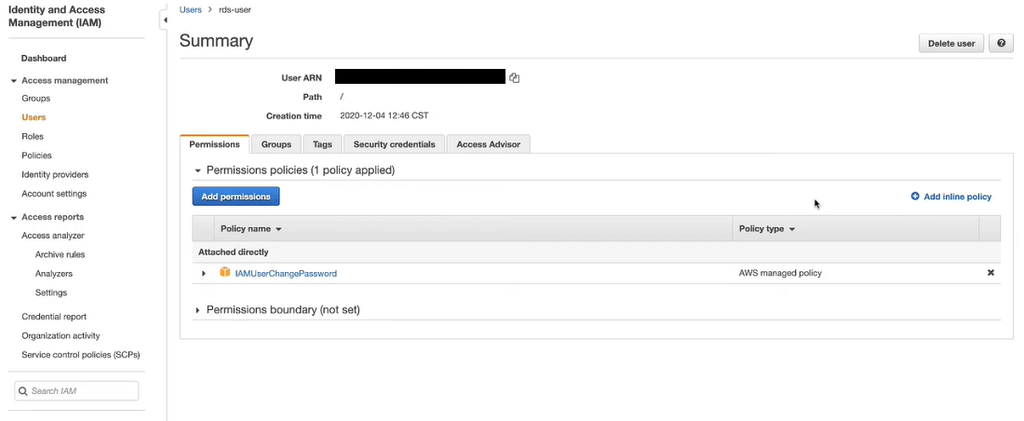 Amazon Web Services Limit Privileges of IAM user in RDS instance