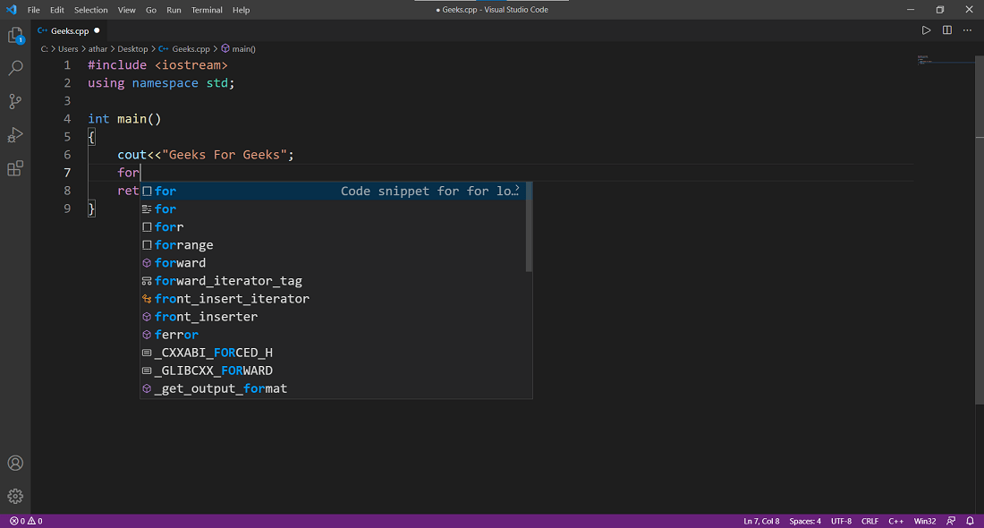 Fragmento de código de usuario de C++ personalizado en el código de Visual Studio Barcelona Geeks