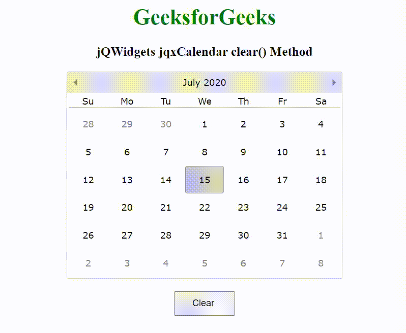 jQWidgets jqxCalendar clear() Method