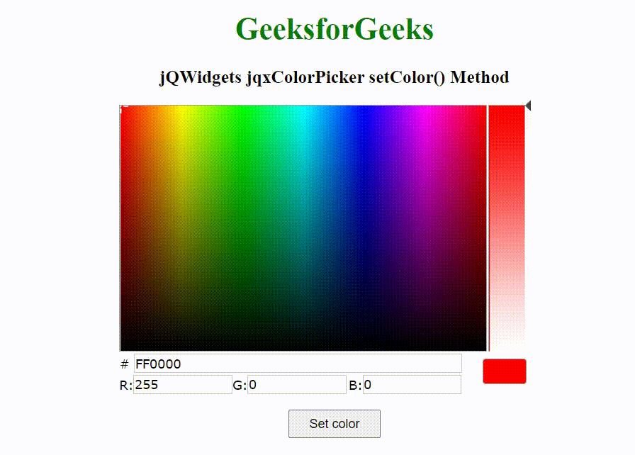 jQWidgets jqxColorPicker setColor() Méthode StackLima