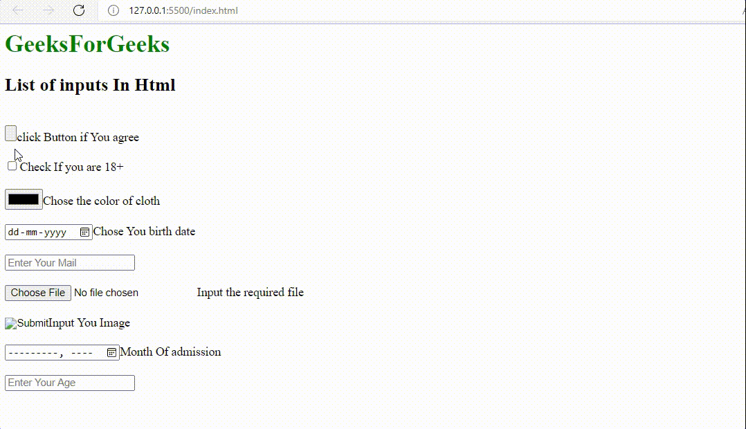 List of Input Elements in HTML