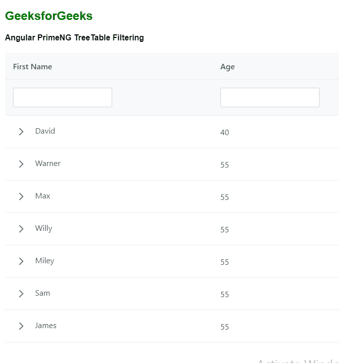 Angular PrimeNG TreeTable Filtering