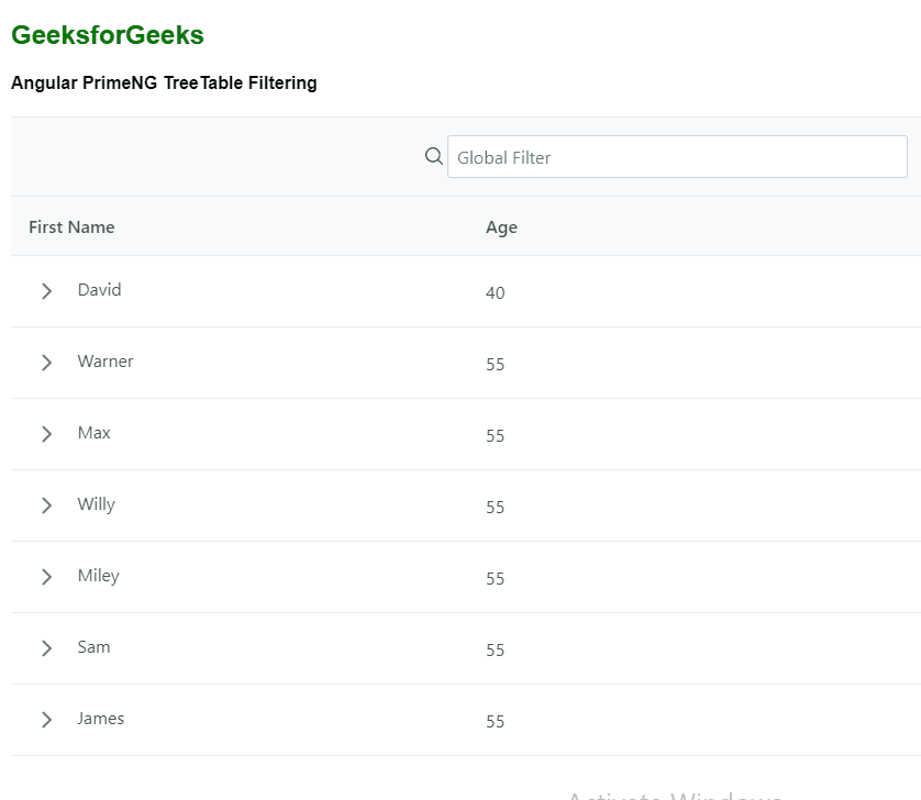 Angular PrimeNG TreeTable Filtering