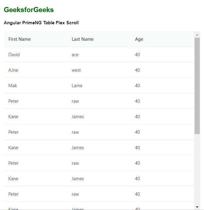 Angular PrimeNG Table Flex Scroll