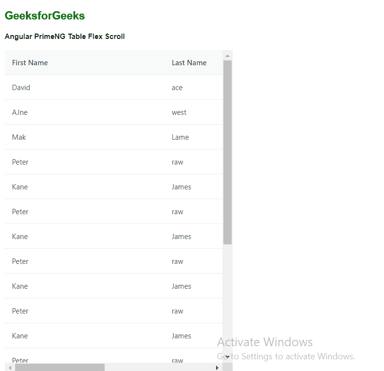 Angular PrimeNG Table Flexscroll