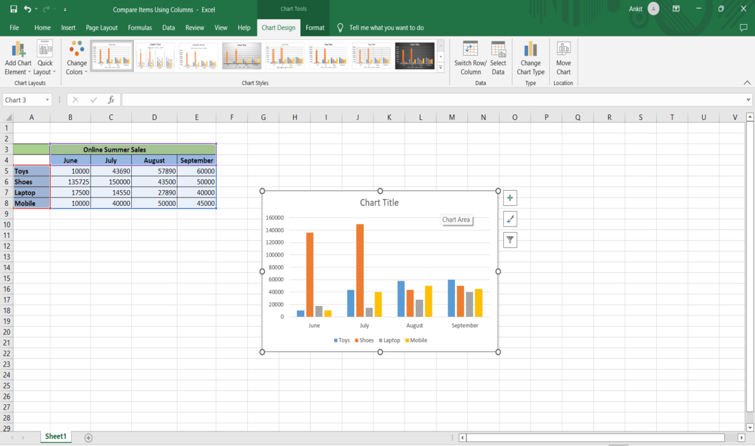 Using Columns and Bars to Compare Items in Excel Chart