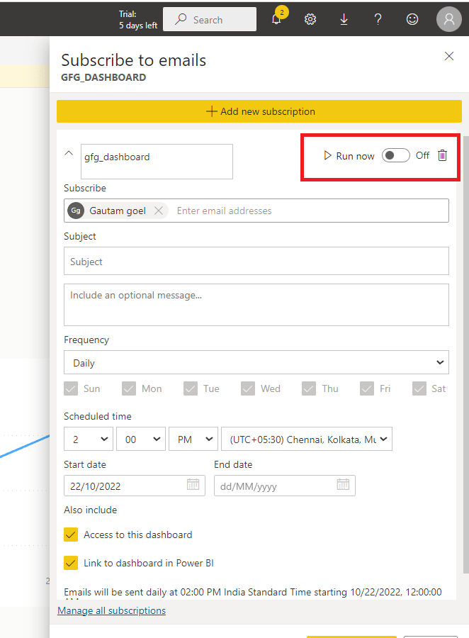 Power BI Subscribe Dashboard