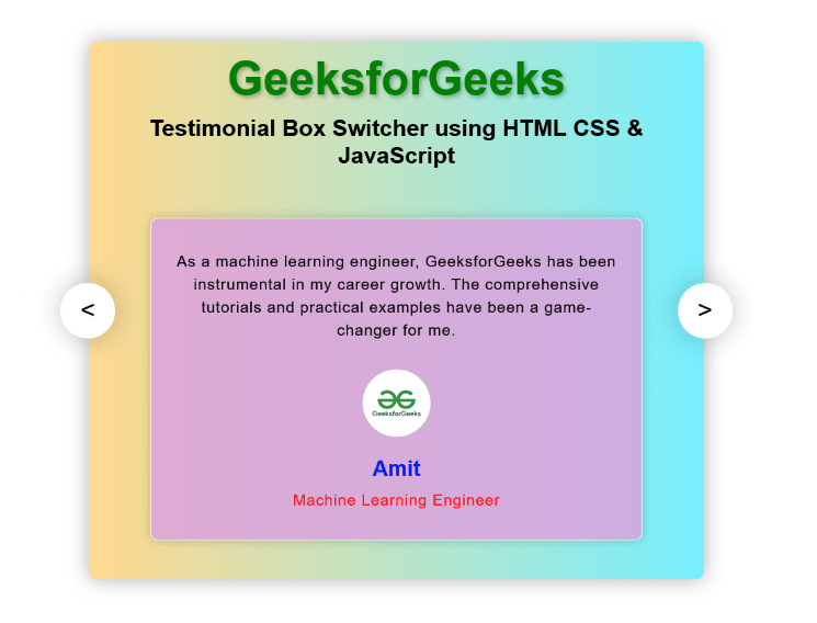 Create a Testimonial box switcher using HTML CSS & JavaScript