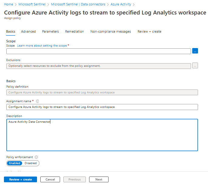 Microsoft Azure Enabled the Azure Activity Data Connector