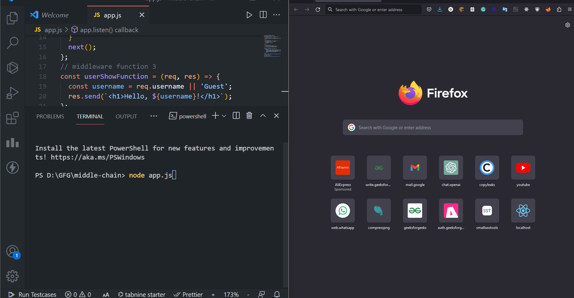What is middleware chaining in Express JS, and how is it useful