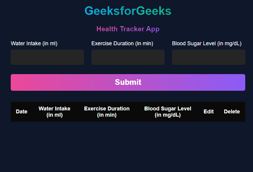 Create a Health Tracker using HTML CSS & JavaScript