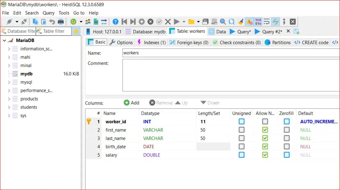 Create Table in MariaDB