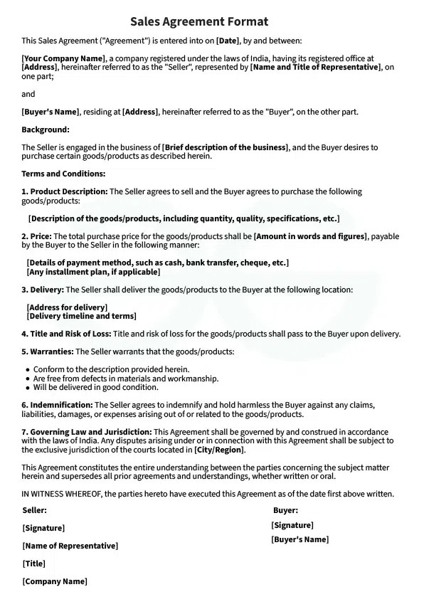 Sales Agreement Format and Example