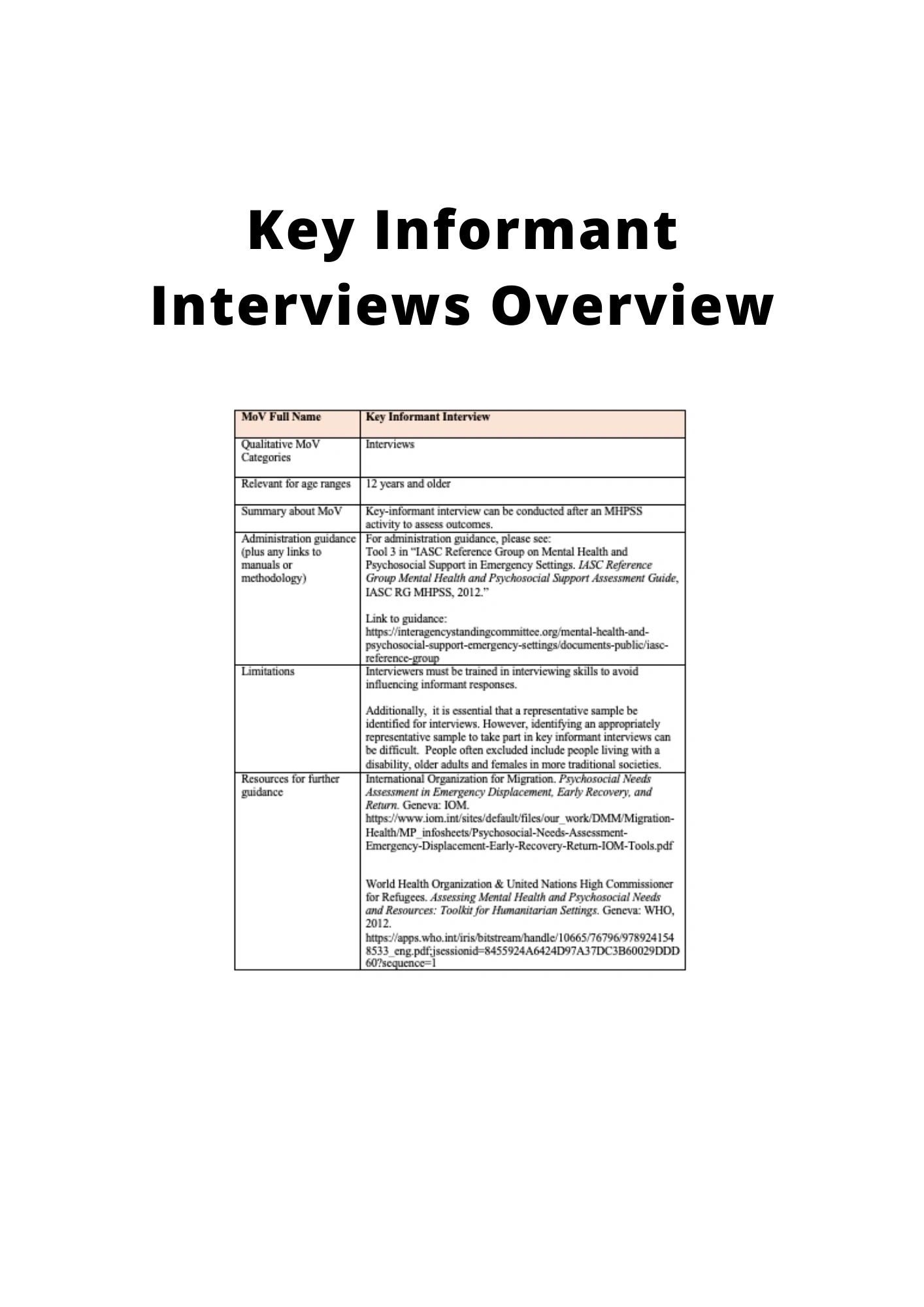 KEY INFORMANT INTERVIEWS OVERVIEW IASC MHPSS M&E FRAMEWORK MOV