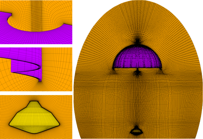 Computation domain for the capsule with supersonic parachutes. a. Mesh around the central vent. b. Mesh in the vicinity of the parachute skirt. c. Mesh around the space capsule