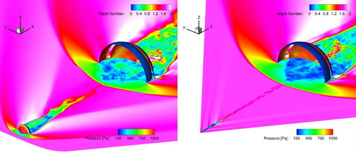 Change in flow field around DGB parachute with change in leading body.